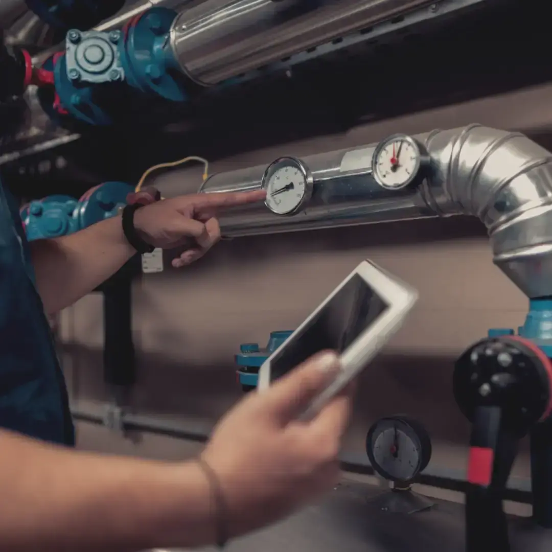 Tecnico che controlla manometro su tubatura con tablet per monitoraggio digitale impianto