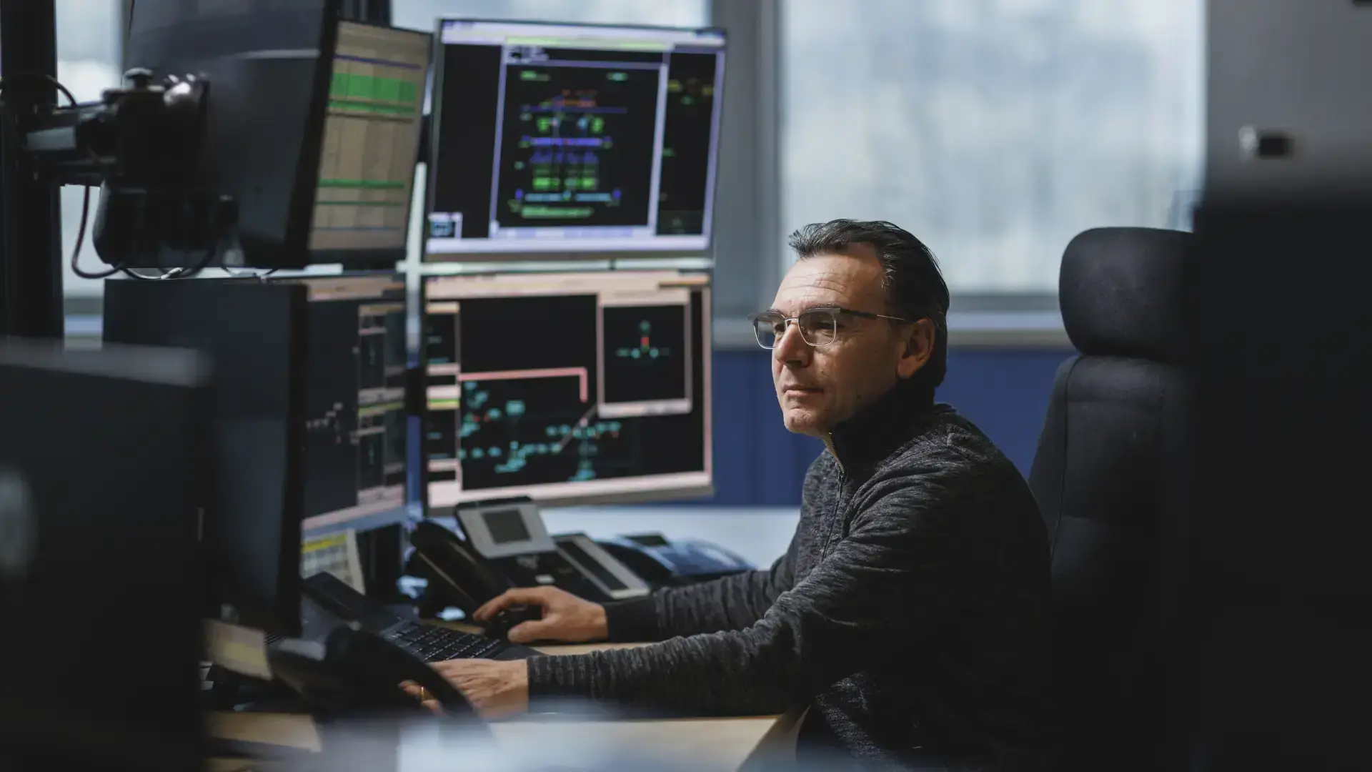 Operatore in sala controllo con multipli monitor per monitoraggio remoto di impianti energetici